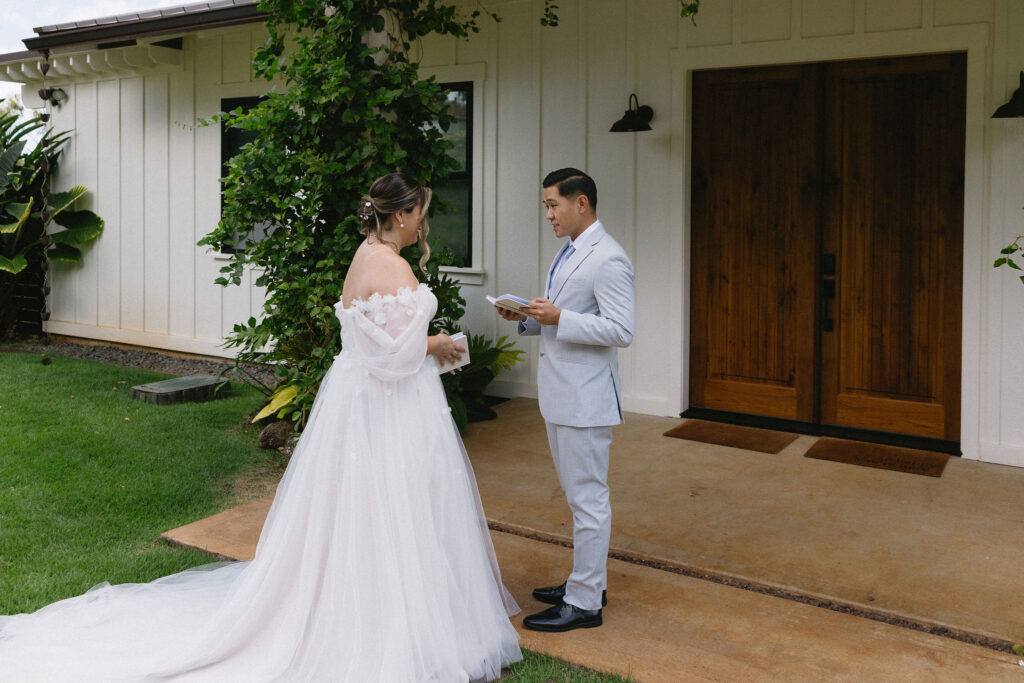 Bride and groom, reading their vows