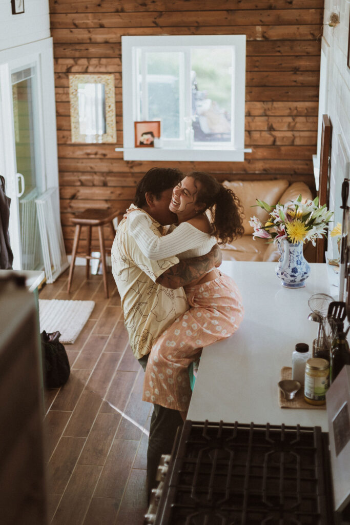 portrait of the newlyweds hugging
