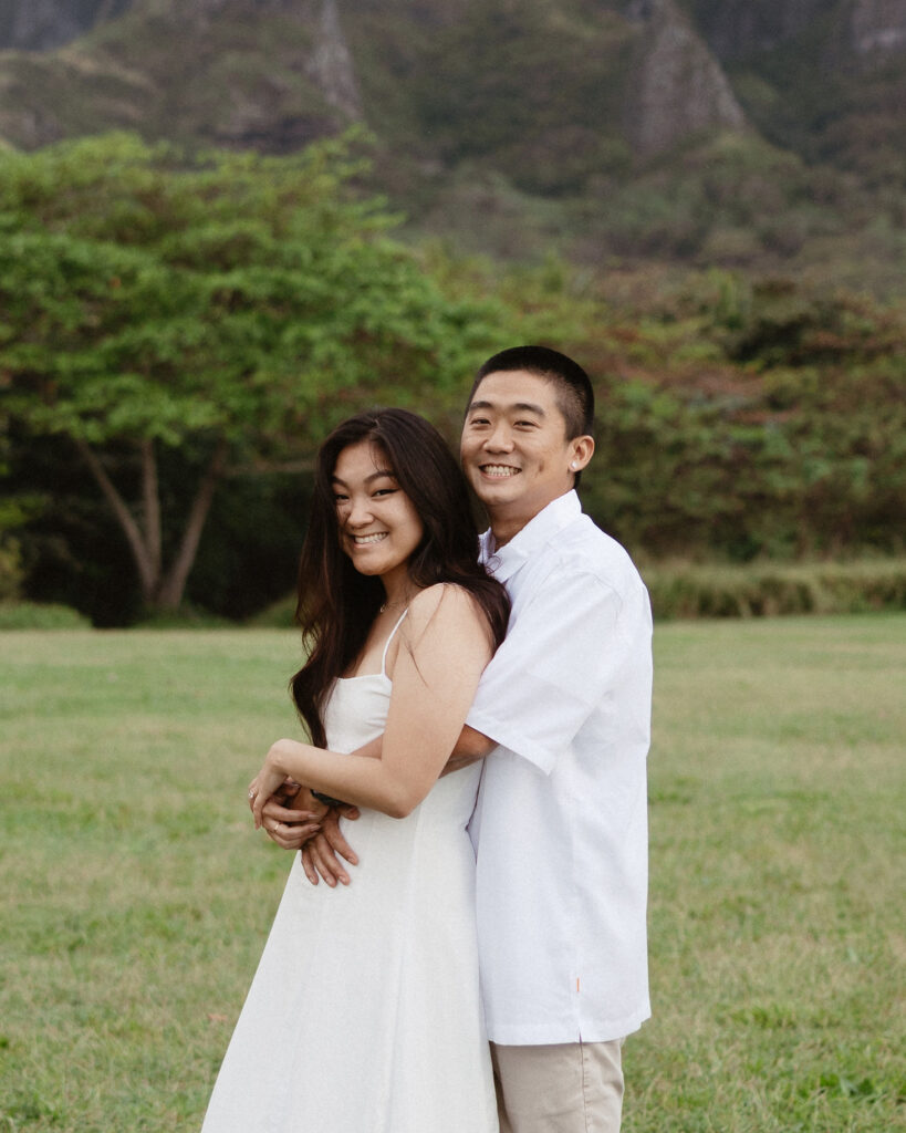 couple hugging during their engagement photos