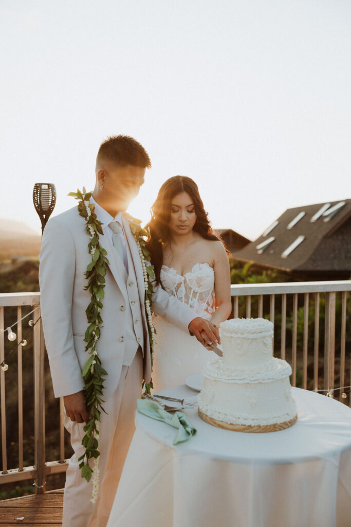 cute picture of the newlyweds cutting their wedding cake
