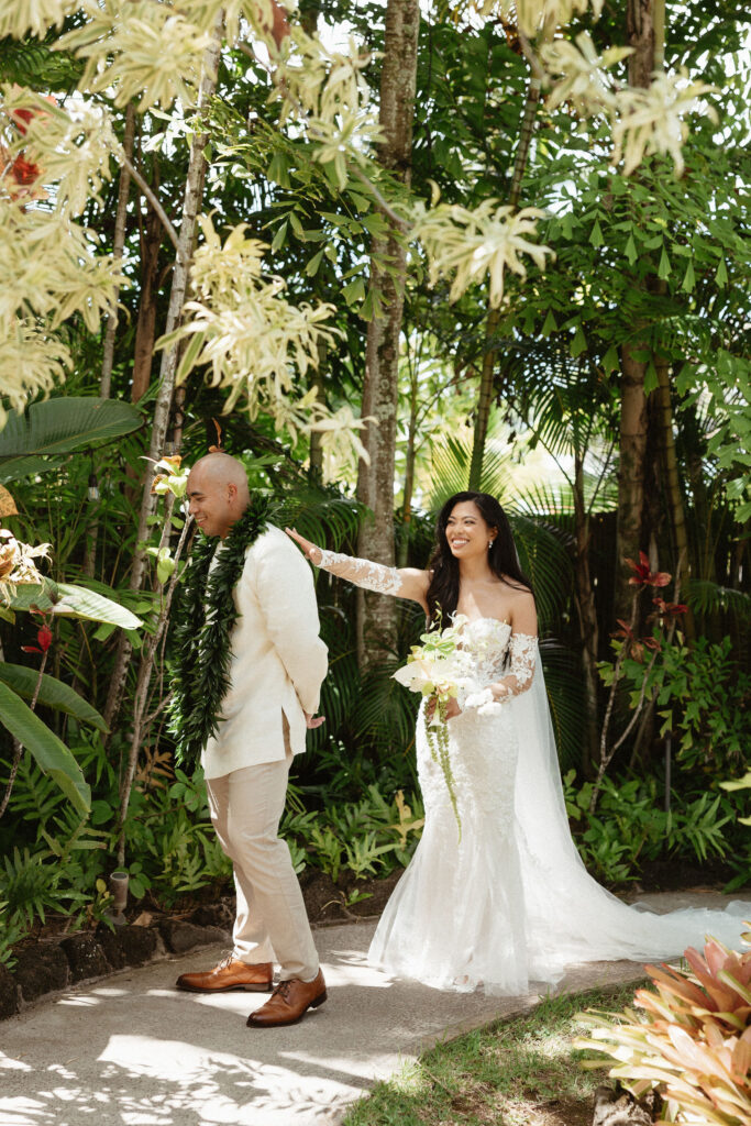 cute picture of the bride and groom at their first look