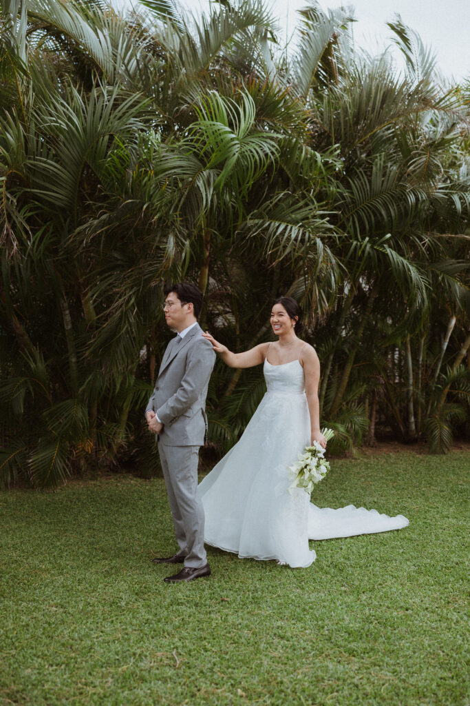 bride and groom at their first look