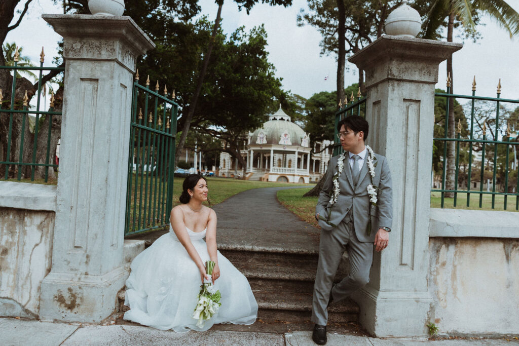 cute picture of the bride and groom laughing with each other during their photoshoot