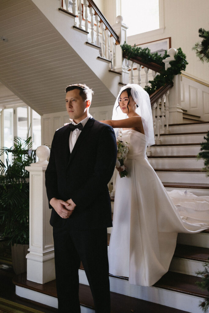 bride and groom at their first look
