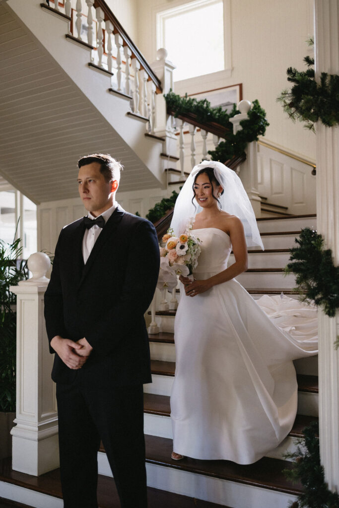 bride and groom at their first look