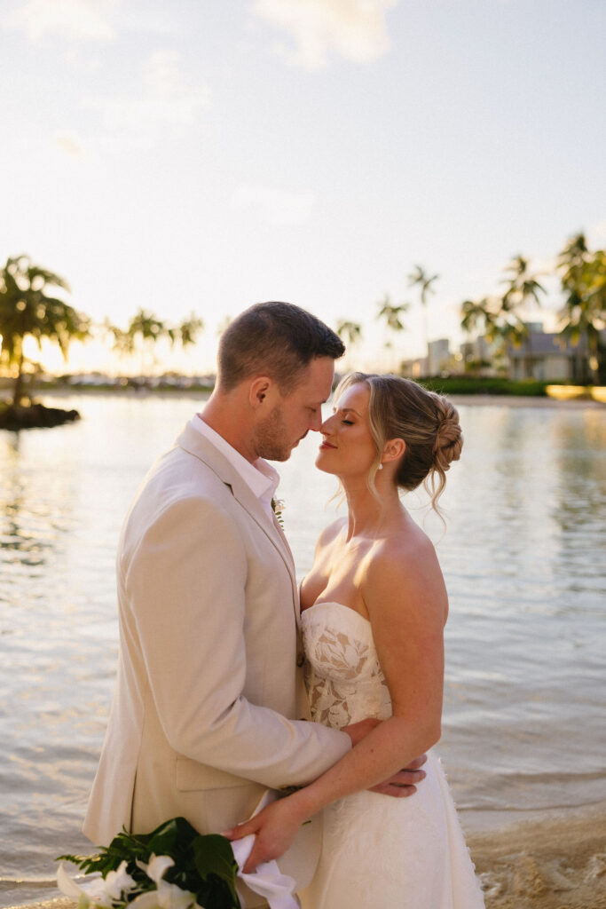 cute picture of the newlyweds smiling at each other