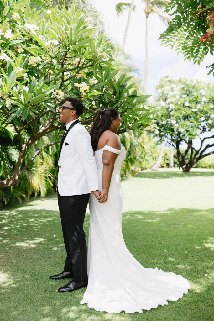 bride and groom at their first touch before the ceremony